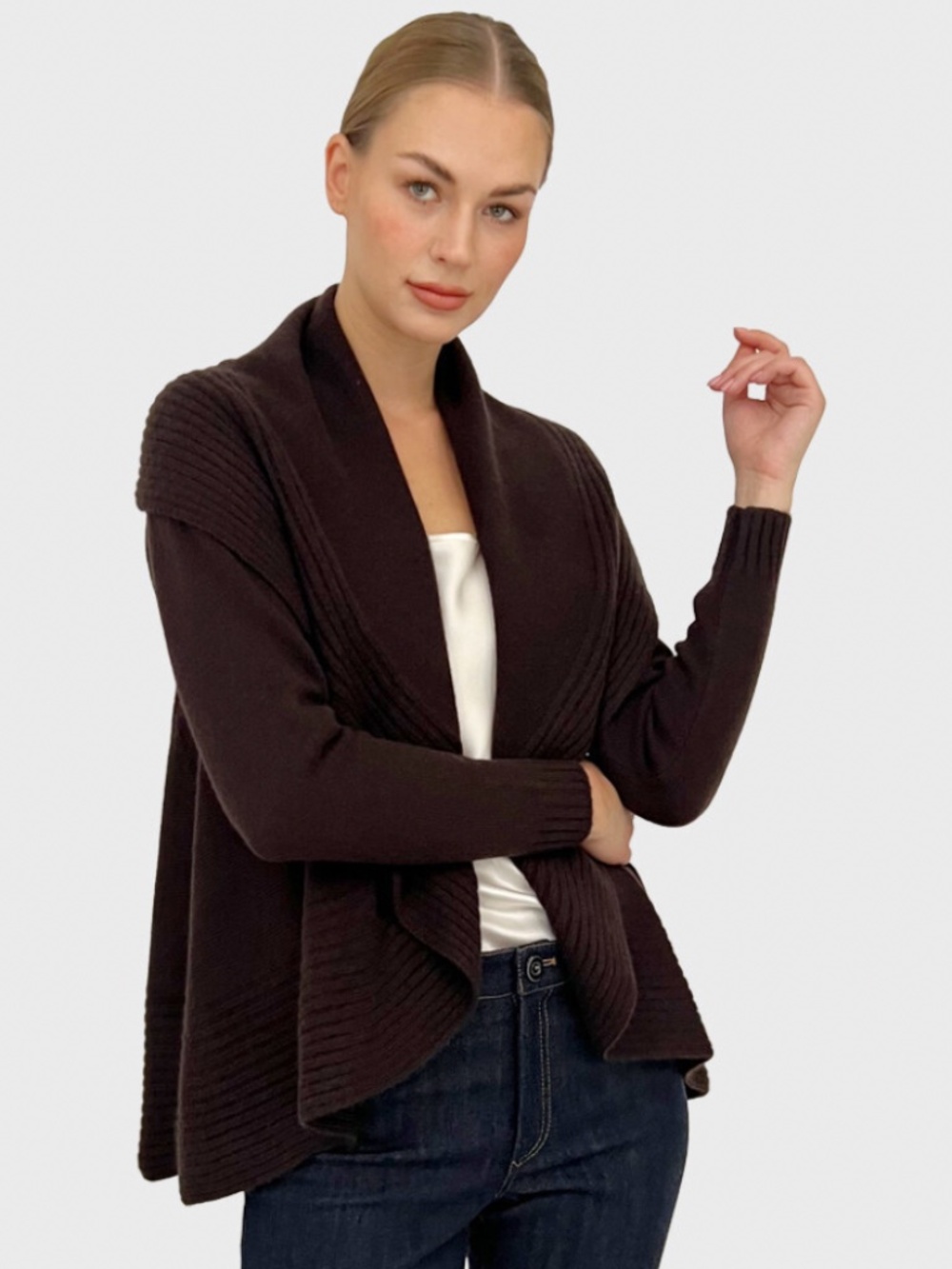 Rani Arabella Loro Piano Cashmere Open Cardigan with Ribbed Shawl Collar